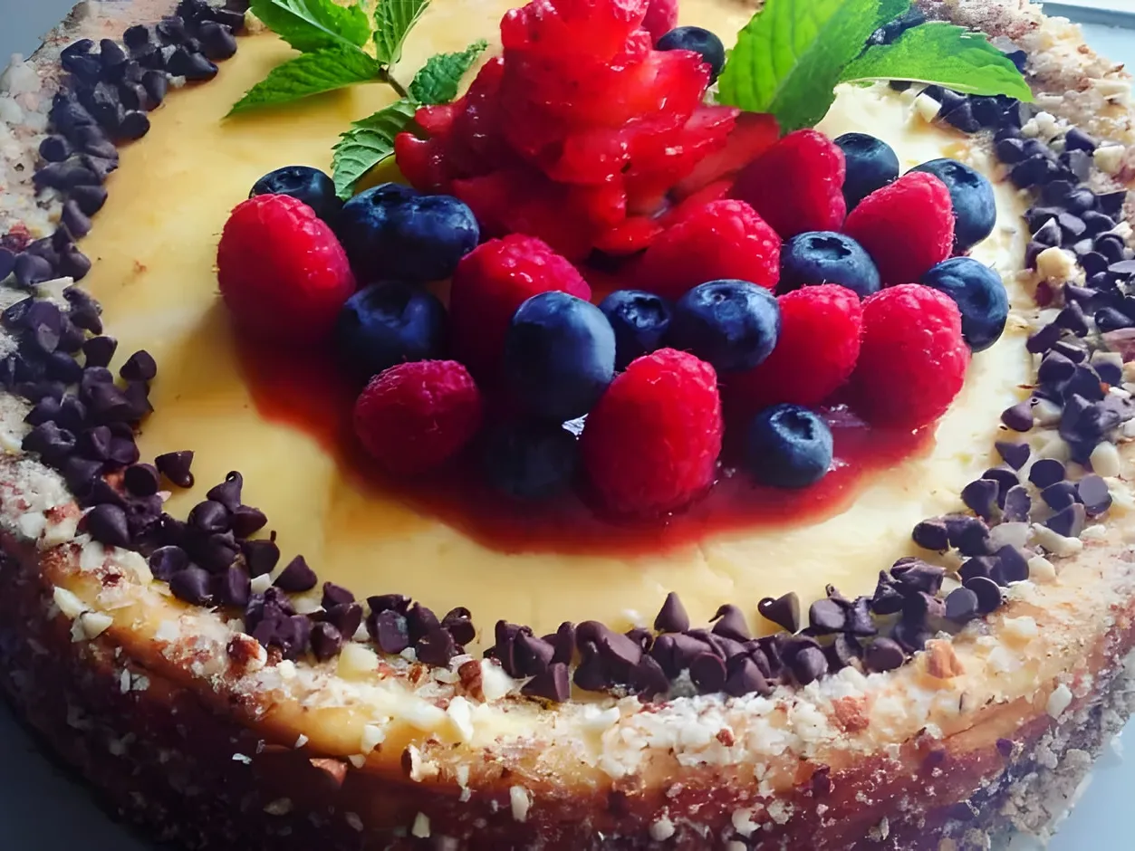 A round cheesecake topped with strawberry jam, raspberries, blueberries, mint and a strawberry cut into a flower, with hazelnut pieces and mini chocolate chips around the edge
