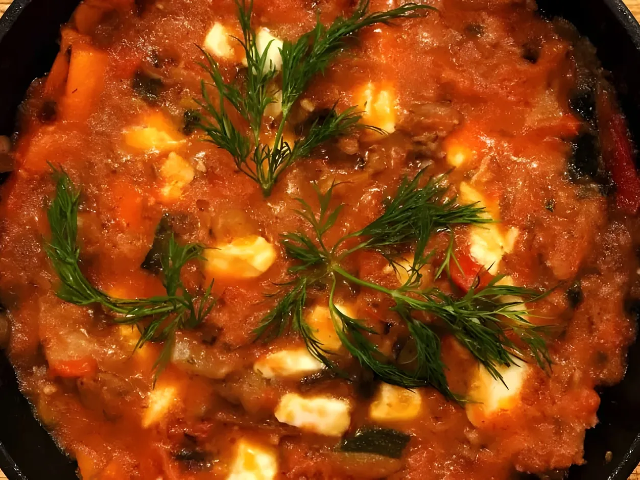 Turli in a black cast-iron pan, with peppers, zucchini and eggplant in a thick tomato sauce, cubes of mozzarella and sprigs of dill on top