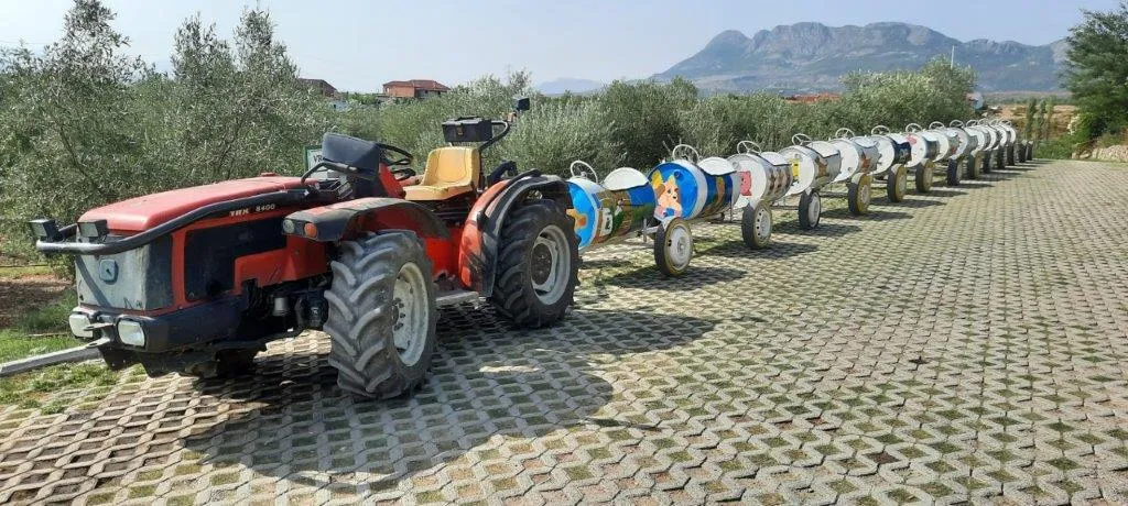 A red tractor pulling a line of barrel-shaped cars decorated with cartoon drawings, on a paved path between olive trees with mountains behind