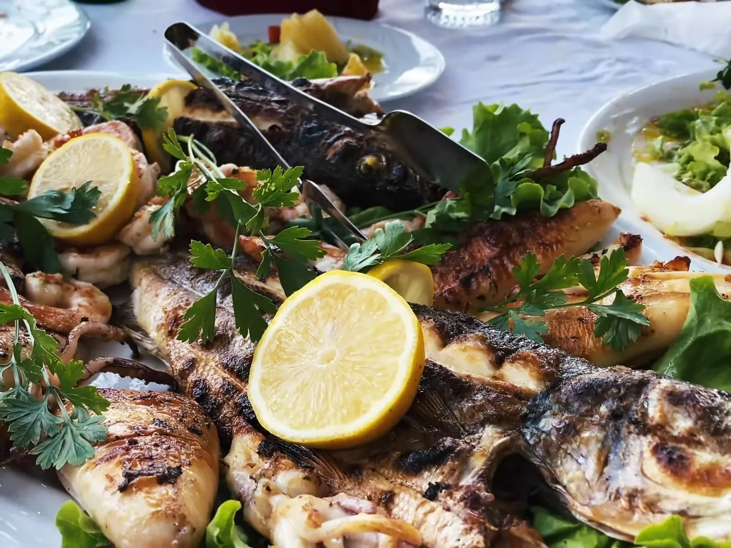 A platter of grilled fish, squid and shrimp with lemon slices and parsley at Trëndafili Mistik