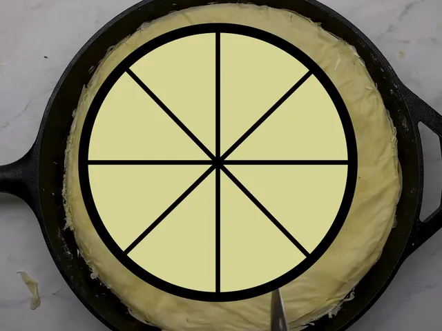 A drawing over the layered baklava in a cast-iron skillet, showing the first cuts into 8 wedges like a pizza