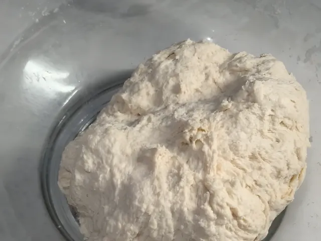 A rough ball of byrek dough resting in a glass bowl