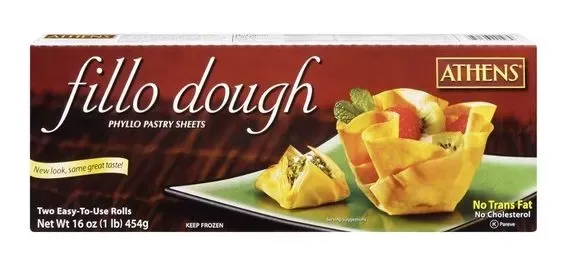 A box of Athens fillo dough, 16 ounces, with two rolls of phyllo pastry sheets