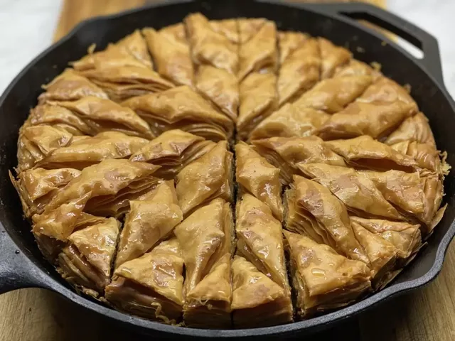 A whole baklava just out of the oven in a cast-iron skillet, golden and cut into diamonds and small triangles in a star pattern