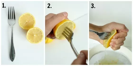 Juicing a lemon with a fork in three photos, a fork beside a lemon cut in half, the fork pushed into one half, and the half squeezed over a bowl