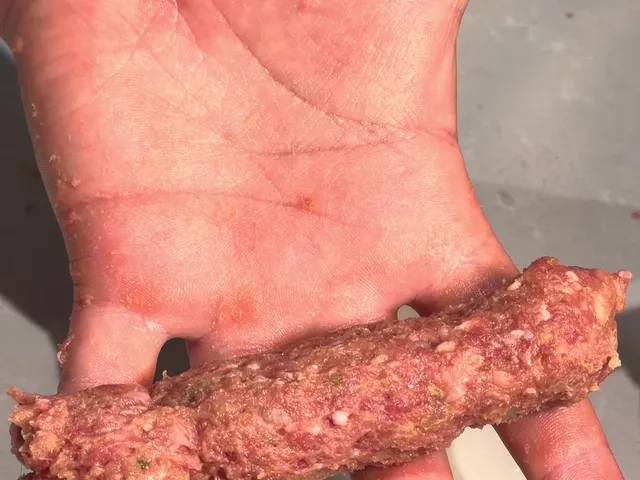 A raw kernacka rolled into a log of seasoned ground beef, lying across an open hand