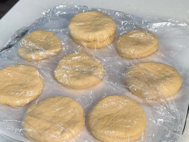 Rounds of donut dough on parchment paper, covered with plastic wrap